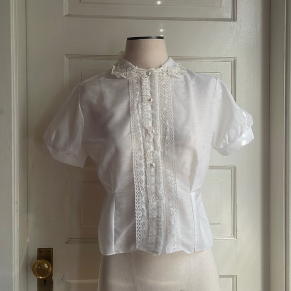 Bonnie Page Creation Tops - Vintage 1950s Sheer White Cotton Button Up w/ Lace Ruffles-Bonnie Page Creation